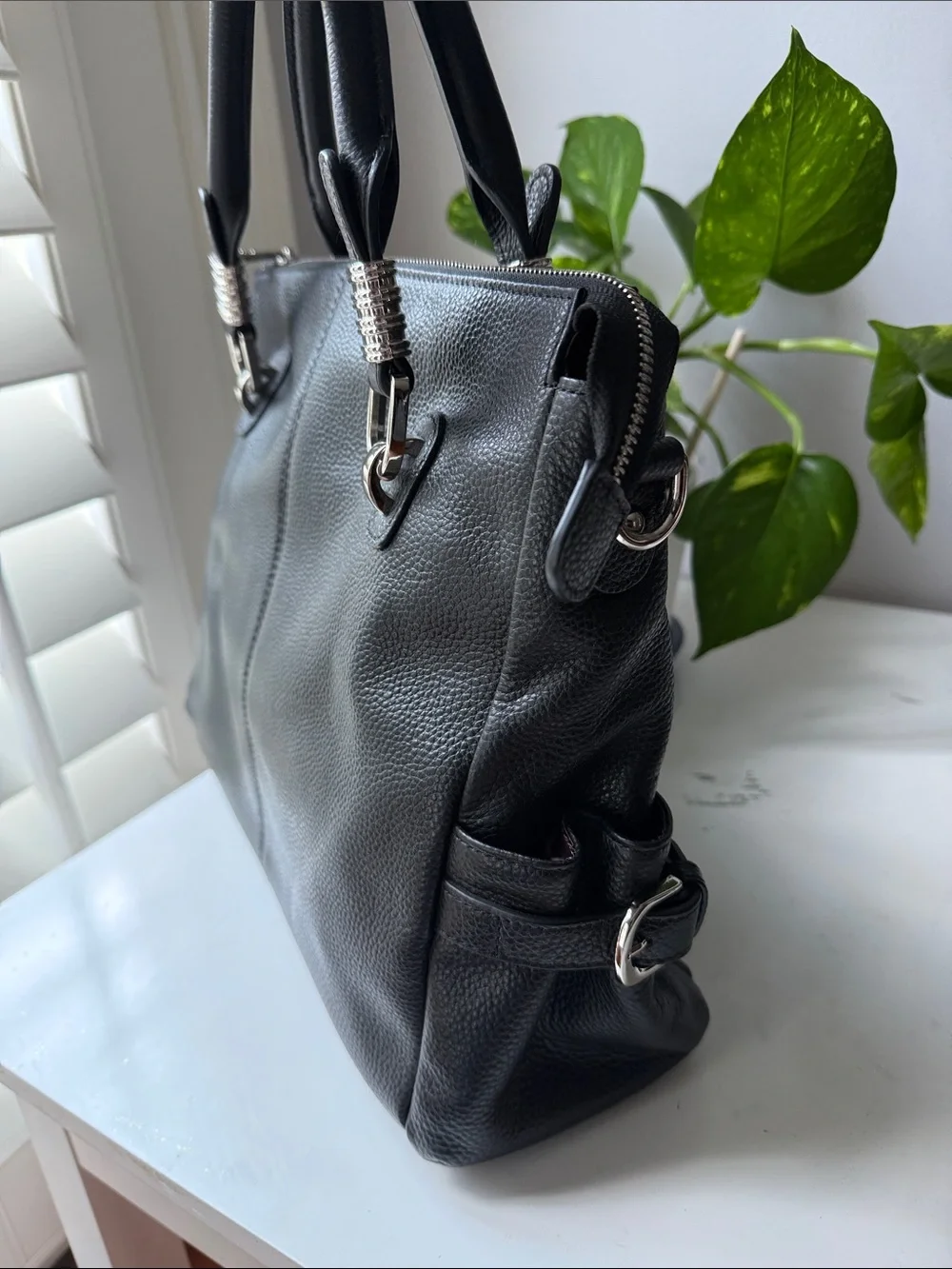 S-Zone Structured Black Pebbled Leather Satchel/Crossbody with Silver Accents